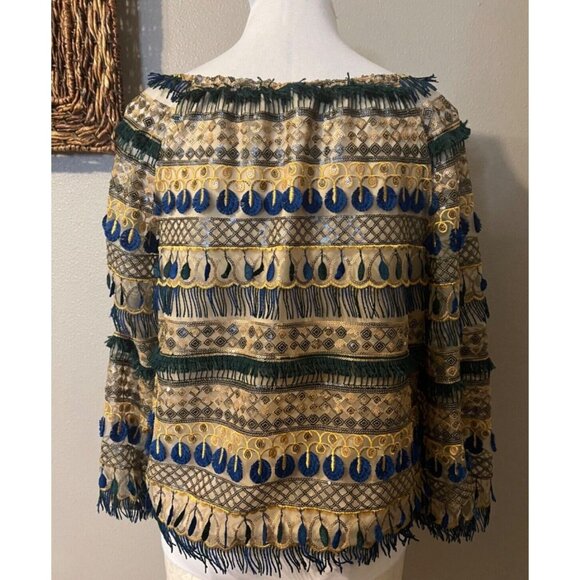 Alice + Olivia Top M Medium Off Shoulder Blue Gold Fringe Sequins - Picture 9 of 11